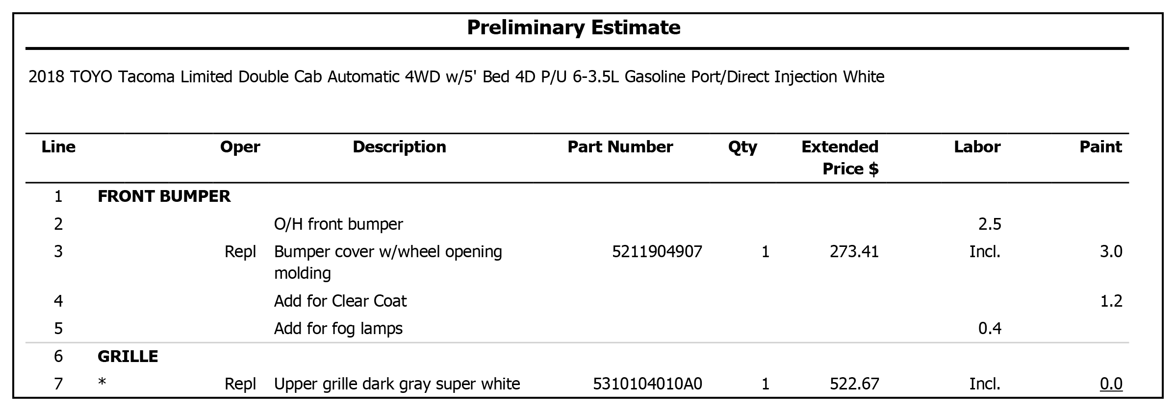 Sample preliminary estimate for auto repairs.
