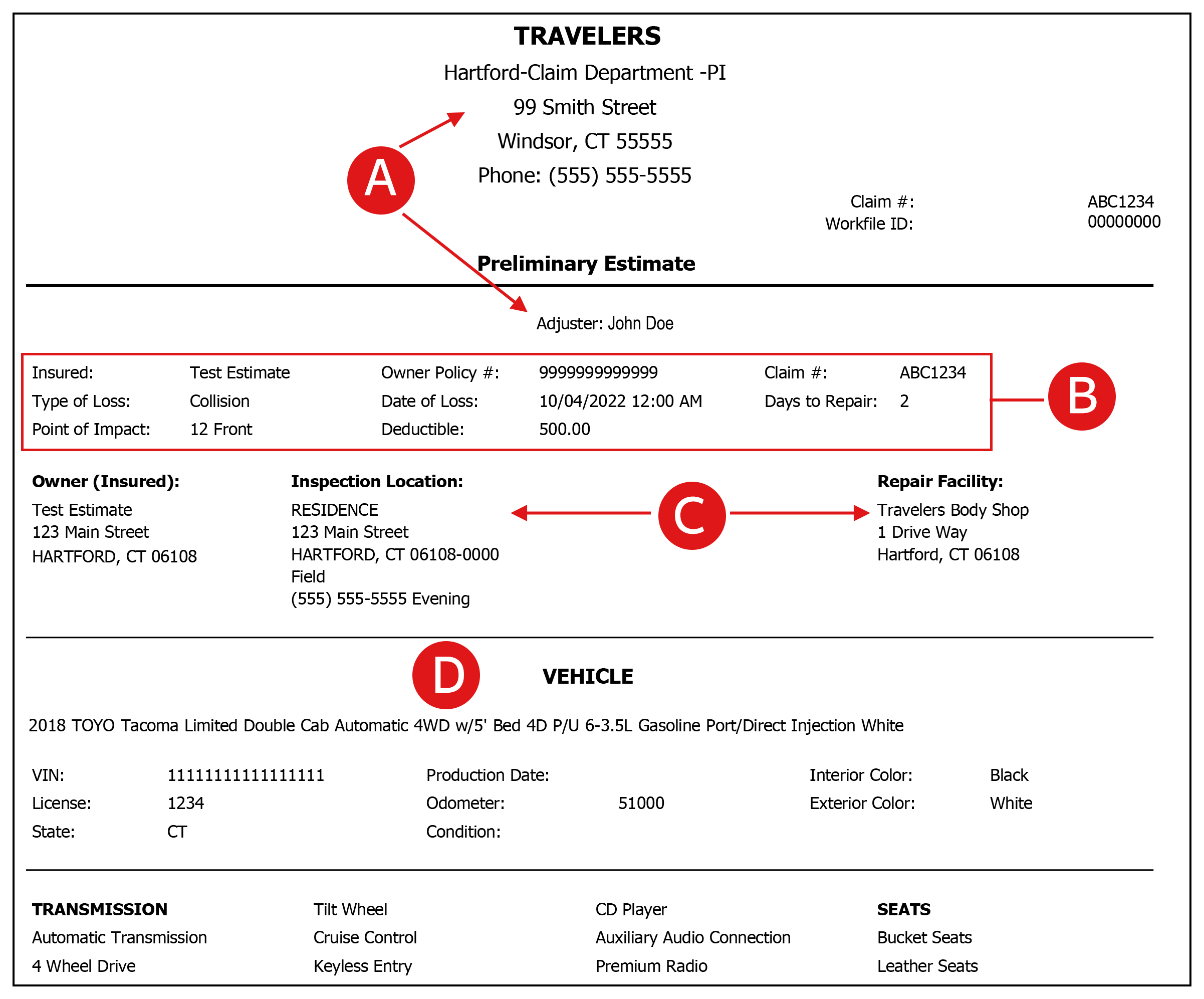 Sample of an auto estimate cover sheet containing A, B, C, D callouts of various components.